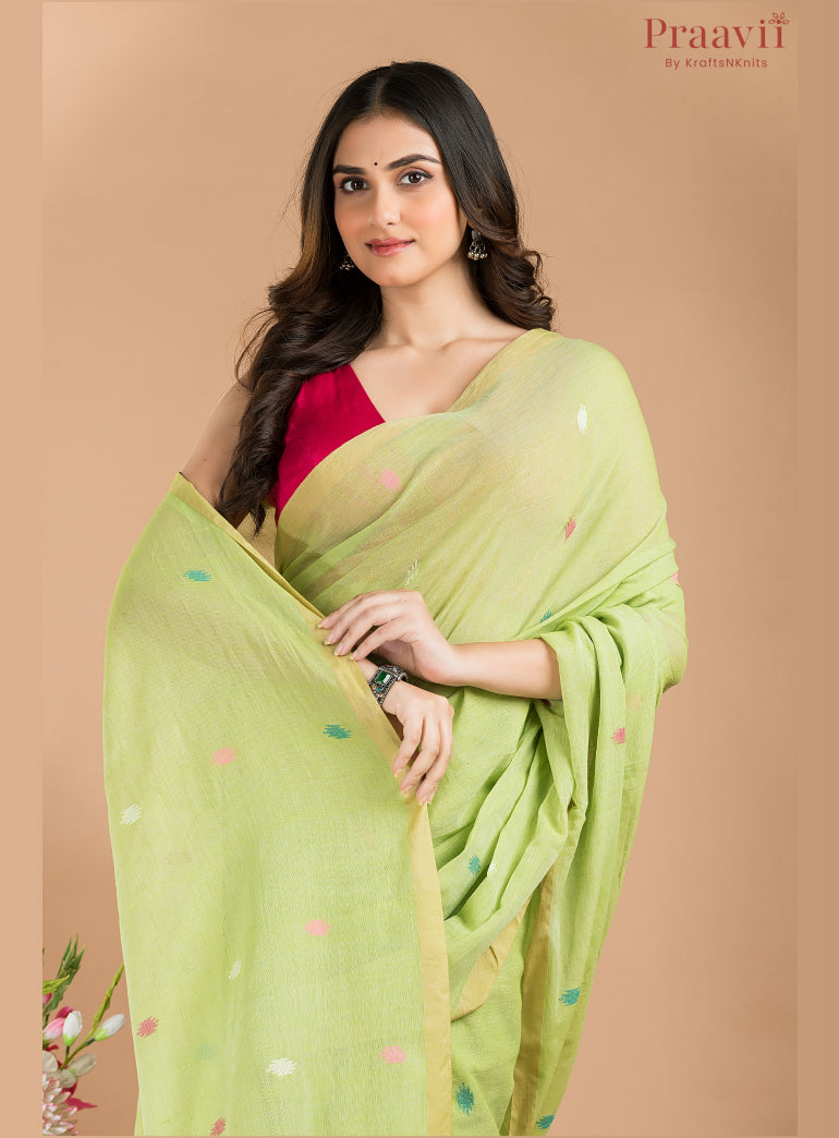 Pista Green pure cotton Jamdani saree