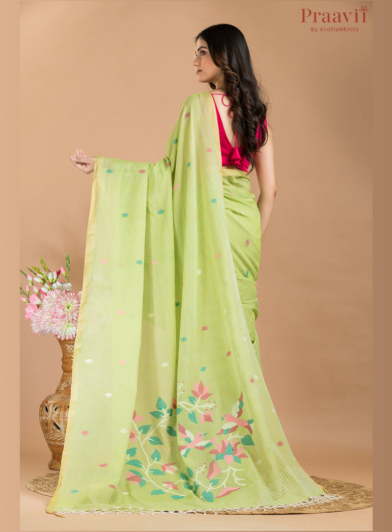 Pista Green pure cotton Jamdani saree