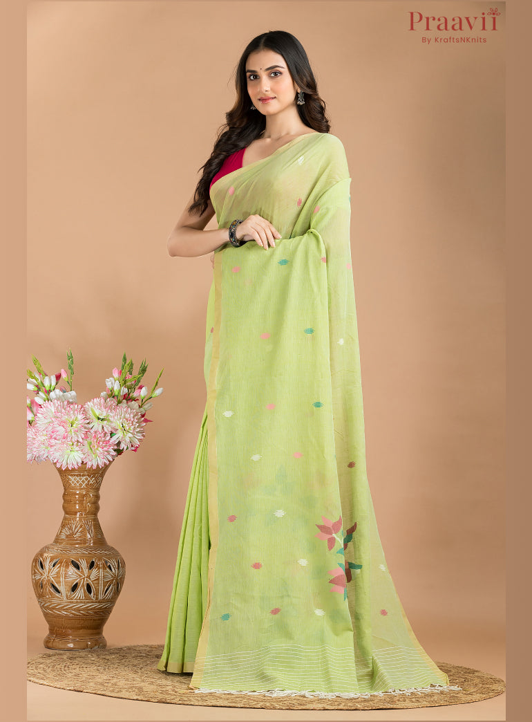 Pista Green pure cotton Jamdani saree