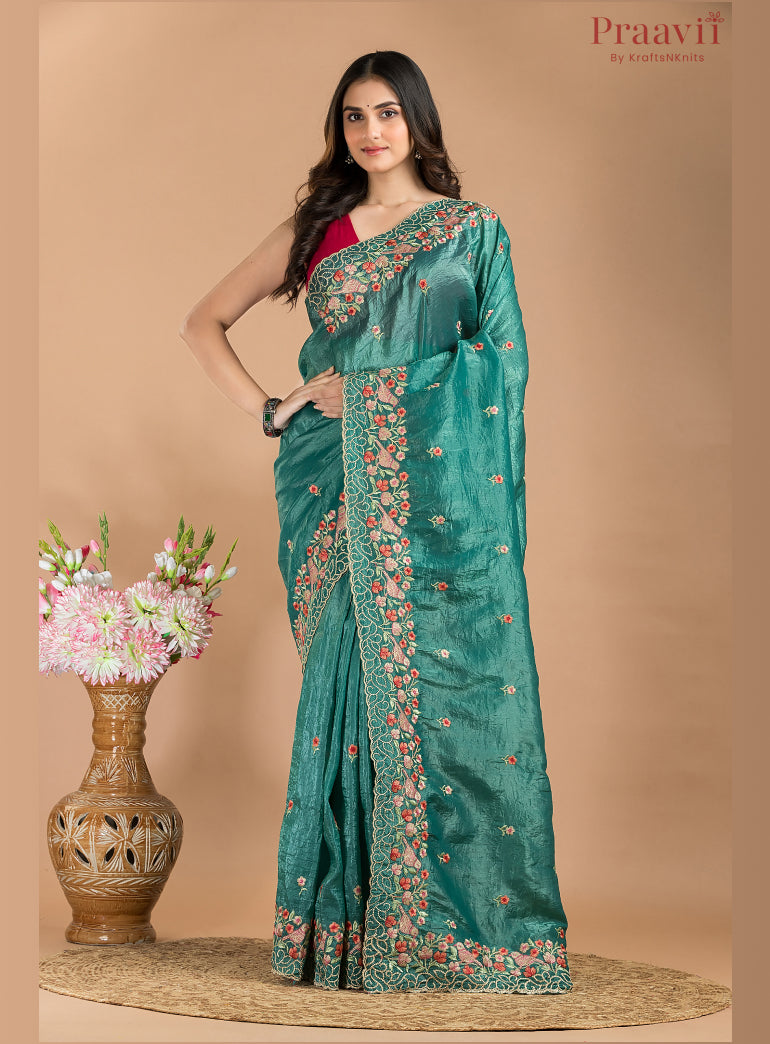 Teal Blue Glass Tissue Saree with Embroidered Borders