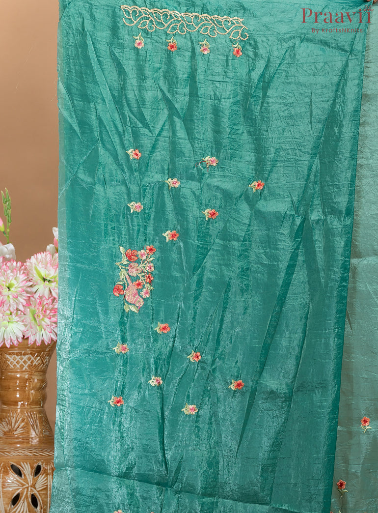 Teal Blue Glass Tissue Saree with Embroidered Borders
