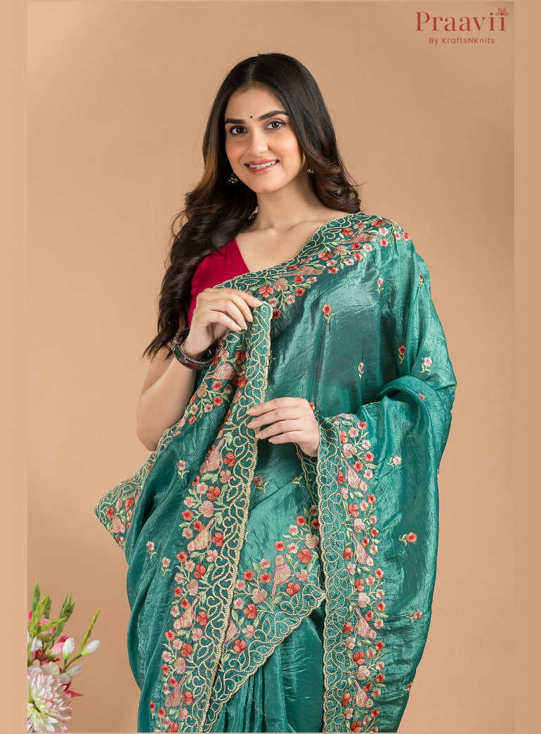 Teal Blue Glass Tissue Saree with Embroidered Borders