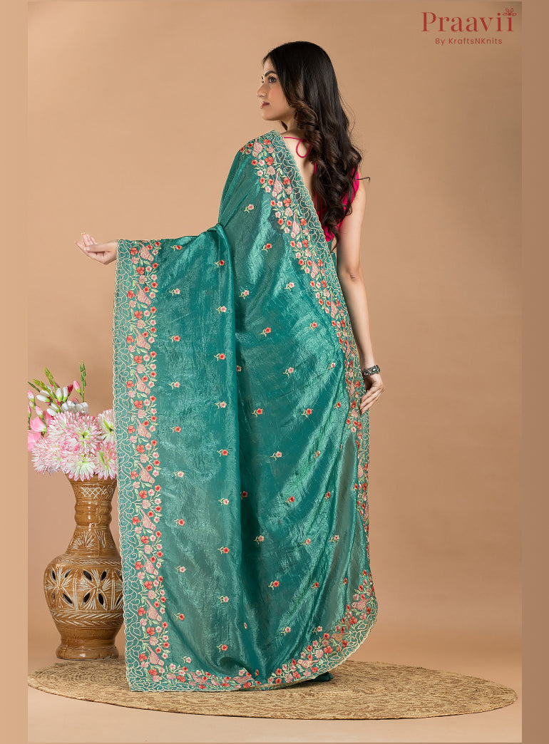 Teal Blue Glass Tissue Saree with Embroidered Borders