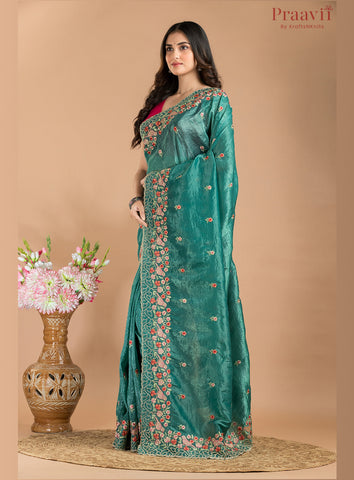 Teal Blue Glass Tissue Saree with Embroidered Borders