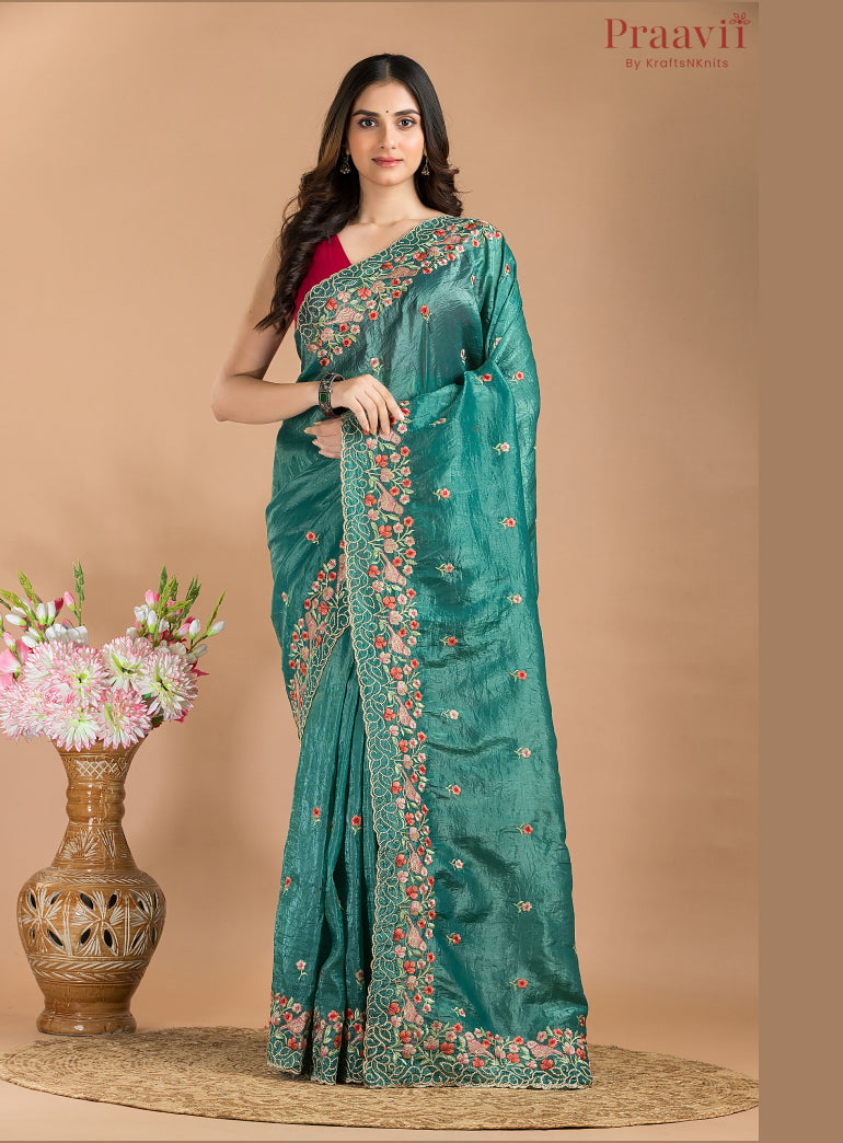 Teal Blue Glass Tissue Saree with Embroidered Borders
