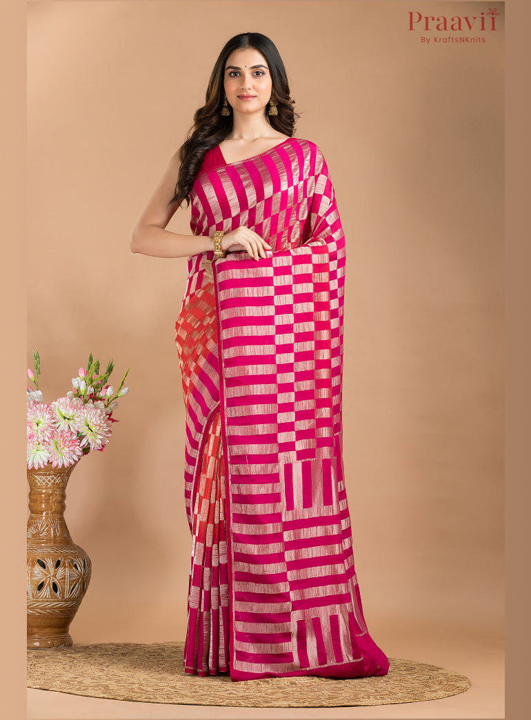 Pink & Orange Red Khaddi Saree