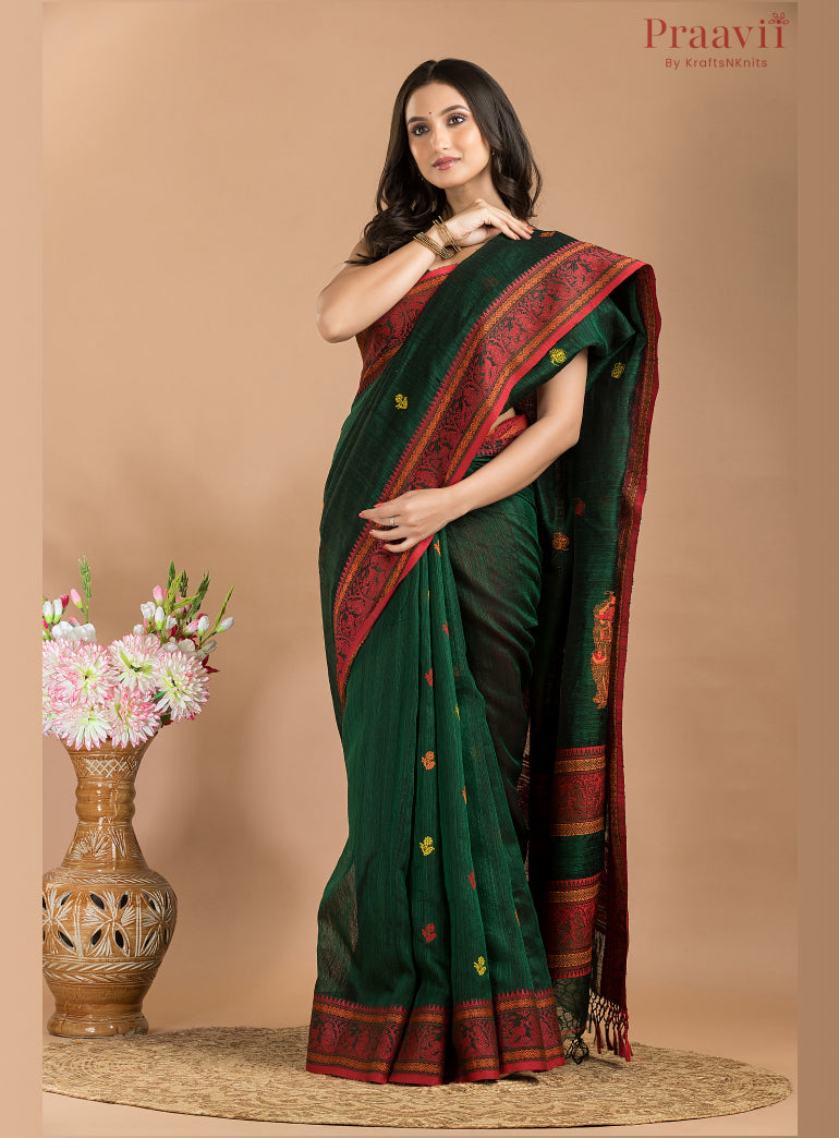 Bottle Green Pure Matka Baluchari Saree