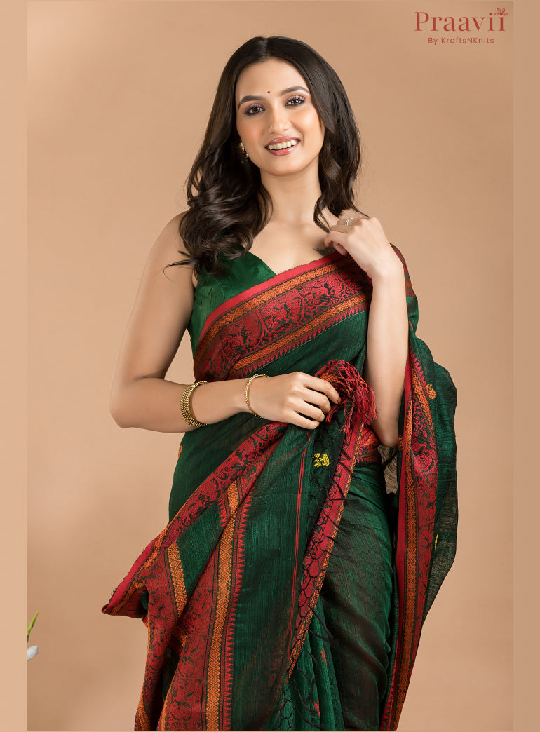Bottle Green Pure Matka Baluchari Saree