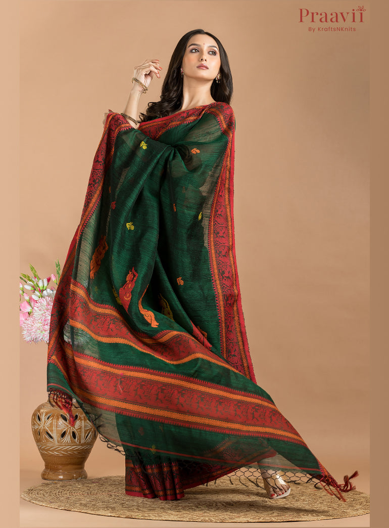 Bottle Green Pure Matka Baluchari Saree