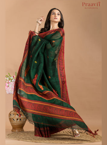 Bottle Green Pure Matka Baluchari Saree