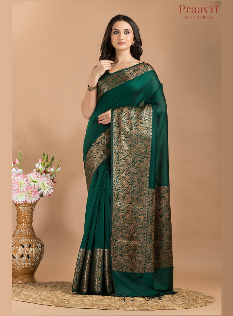 Bottle Green Matka Saree with Gold Border