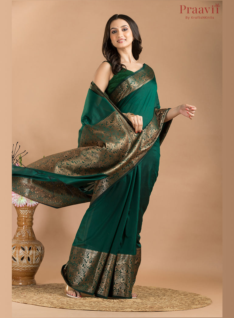 Bottle Green Matka Saree with Gold Border