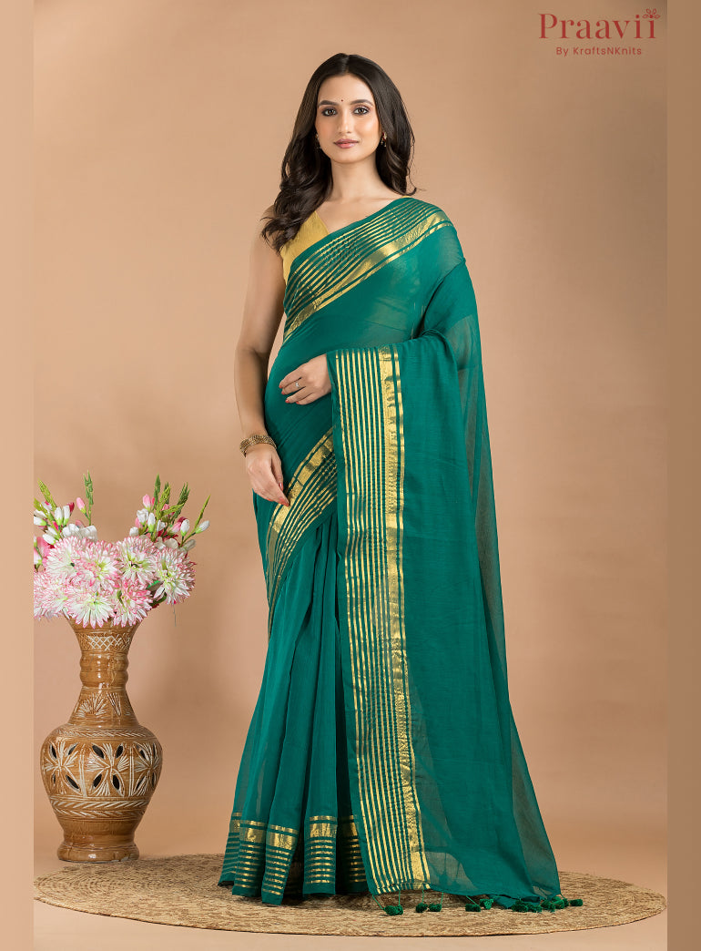 Bottle green Mulmul Cotton Saree with gold striped border