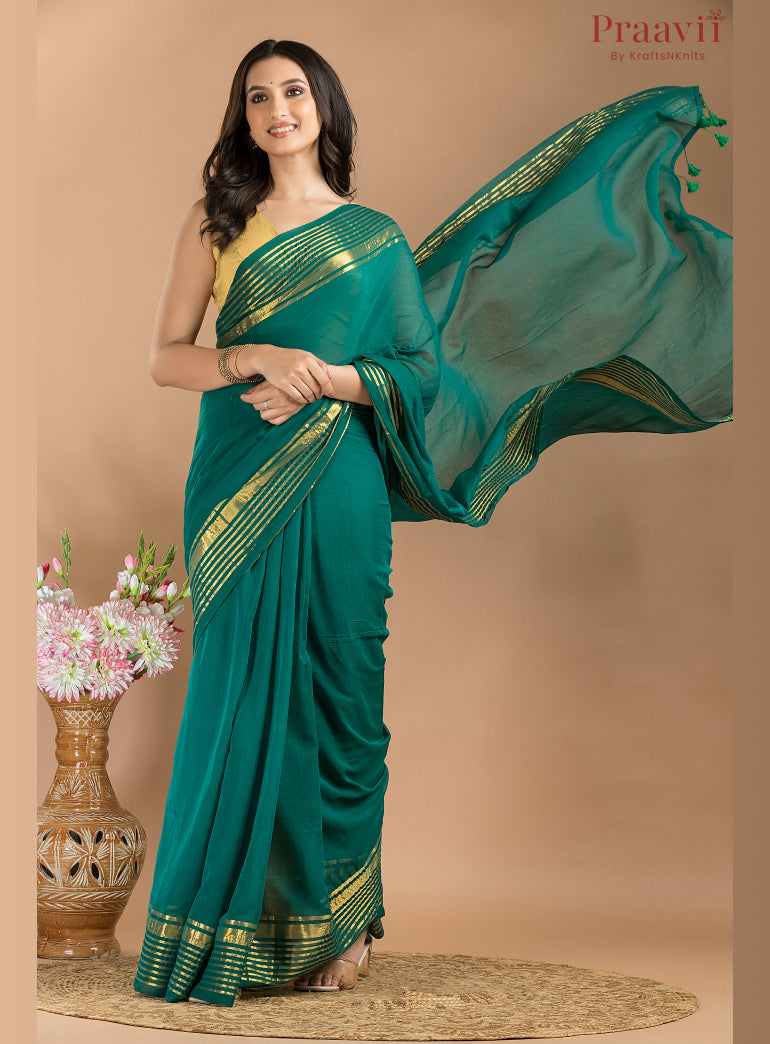 Bottle green Mulmul Cotton Saree with gold striped border