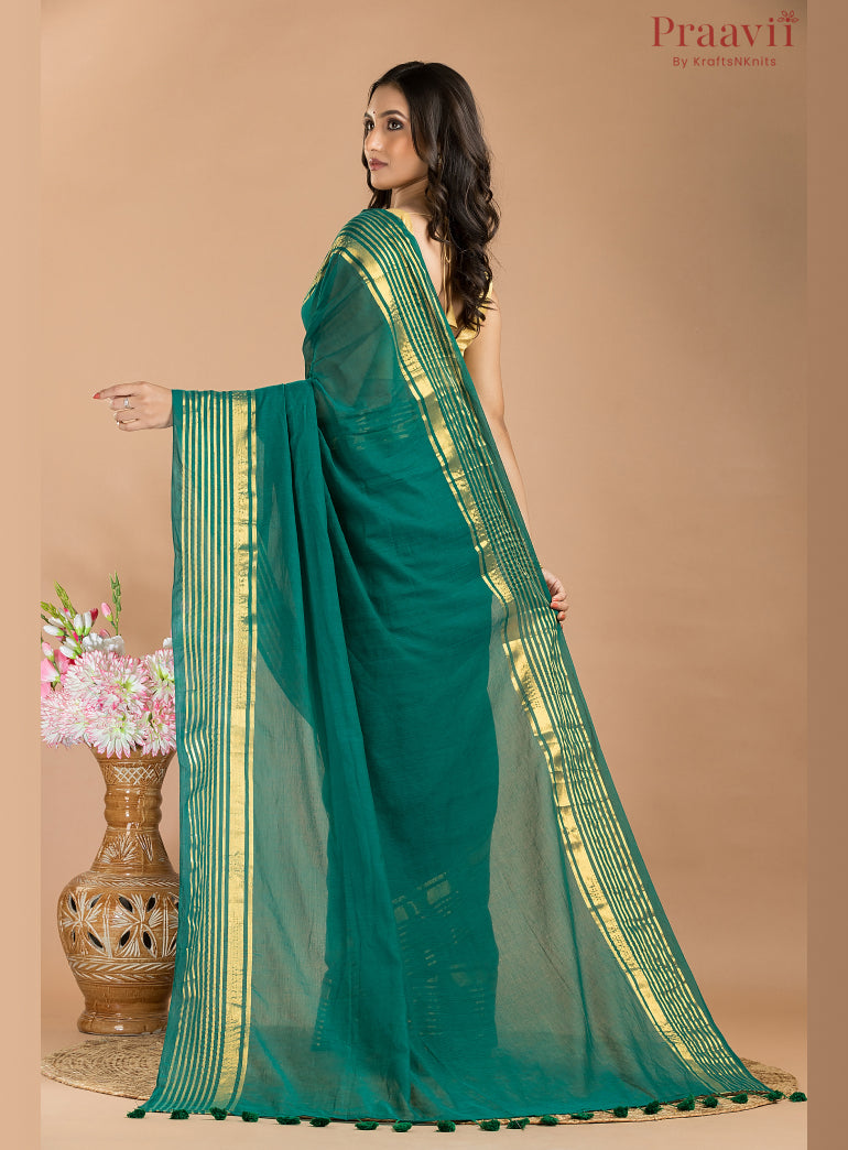 Bottle green Mulmul Cotton Saree with gold striped border