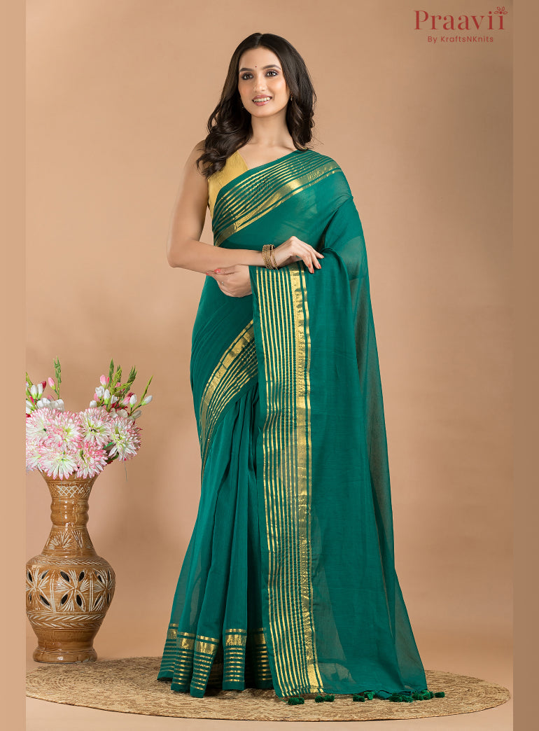 Bottle green Mulmul Cotton Saree with gold striped border