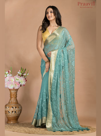 Blue Grey Chiffon Saree