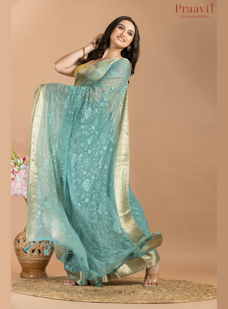 Blue Grey Chiffon Saree