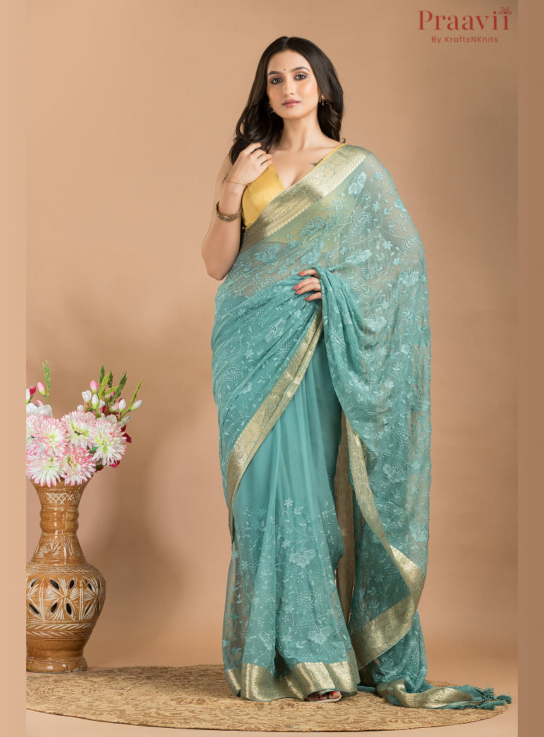 Blue Grey Chiffon Saree