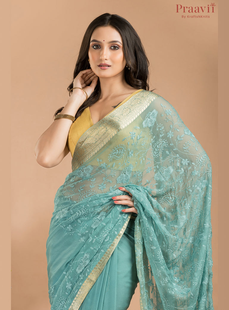 Blue Grey Chiffon Saree