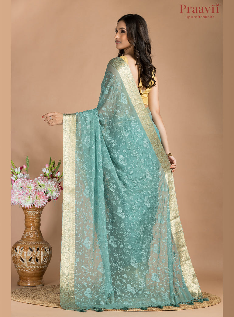 Blue Grey Chiffon Saree