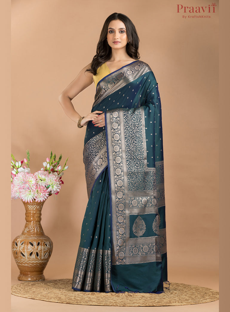 Dark teal blue semi silk saree with gold  border