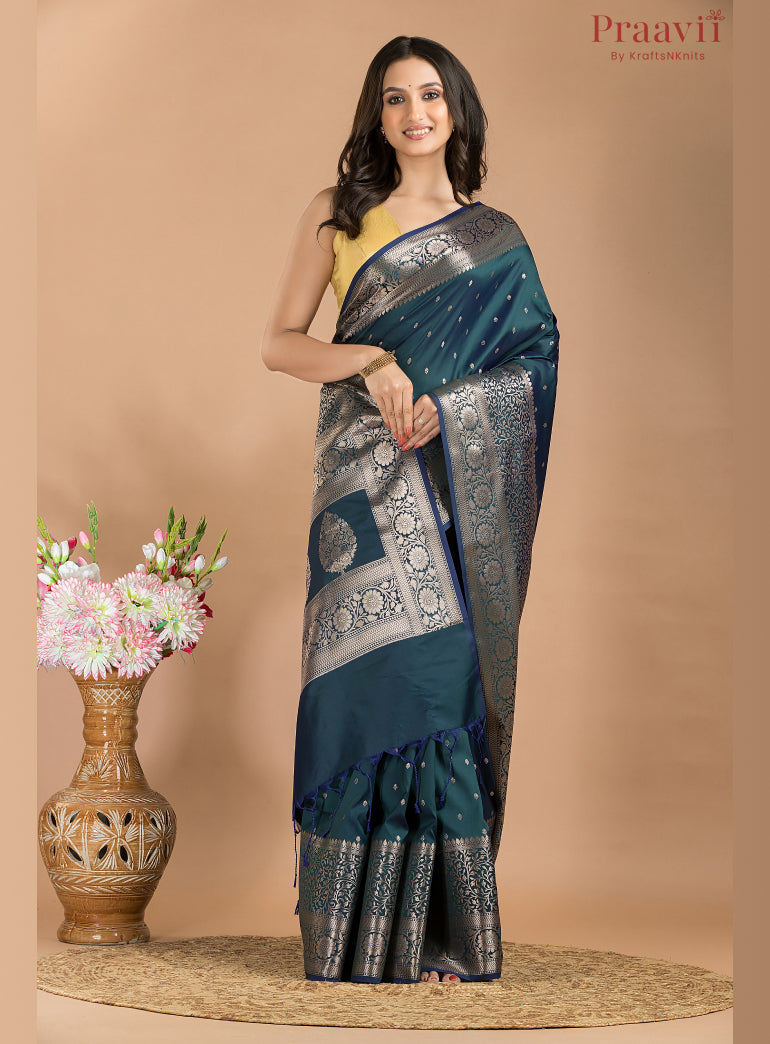 Dark teal blue semi silk saree with gold  border