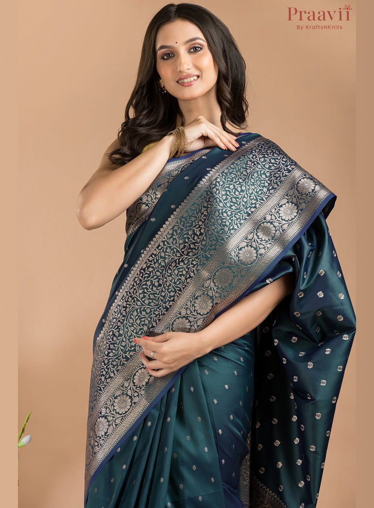 Dark teal blue semi silk saree with gold  border