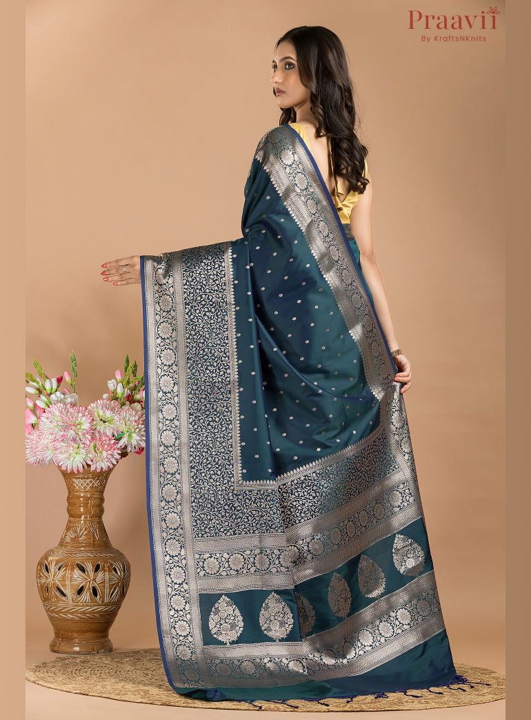 Dark teal blue semi silk saree with gold  border
