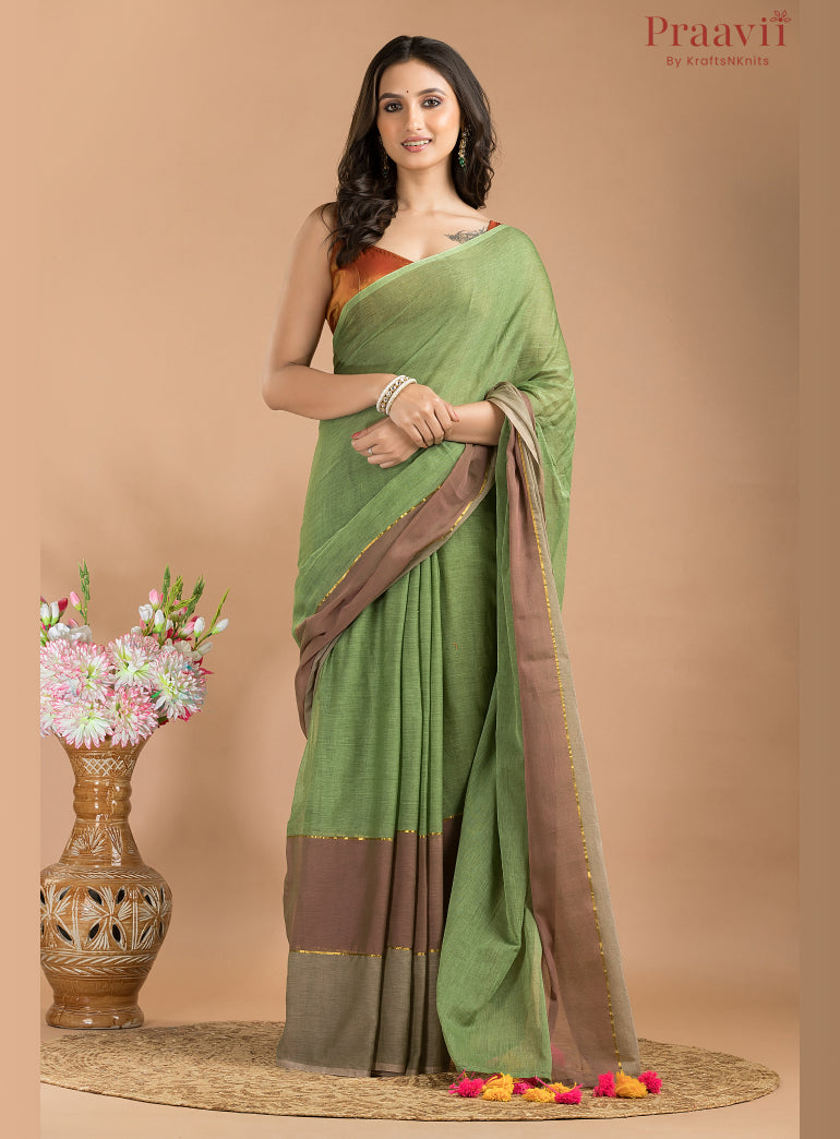 Green Mulmul Cotton Saree