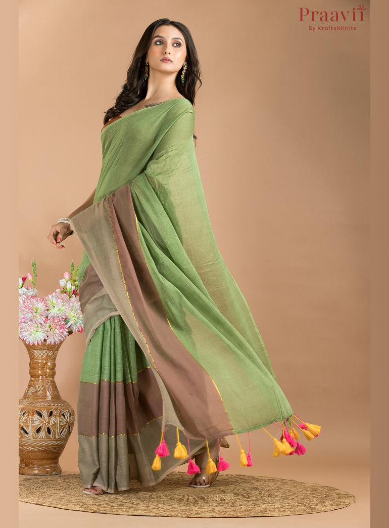 Green Mulmul Cotton Saree