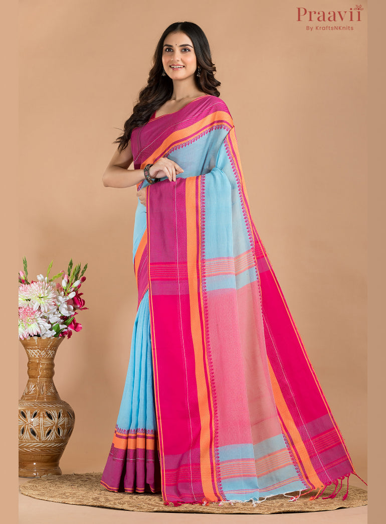 Sky Blue with Maroon BorderKhaddi Saree