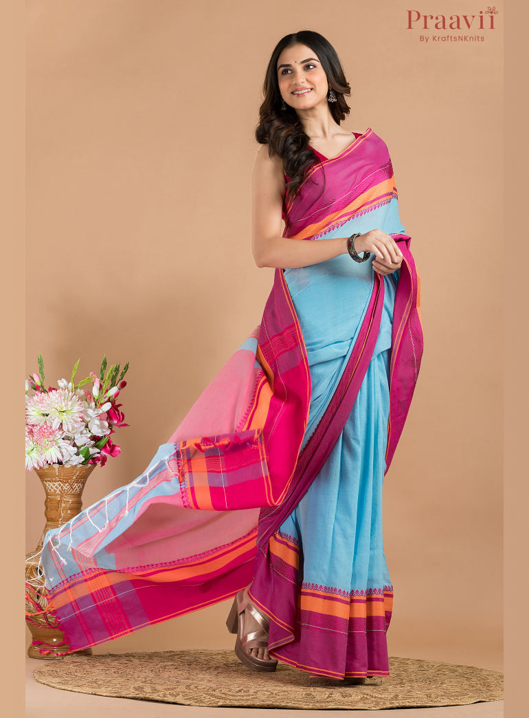 Sky Blue with Maroon BorderKhaddi Saree