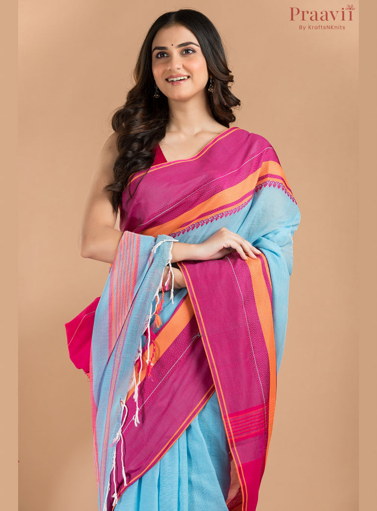 Sky Blue with Maroon BorderKhaddi Saree