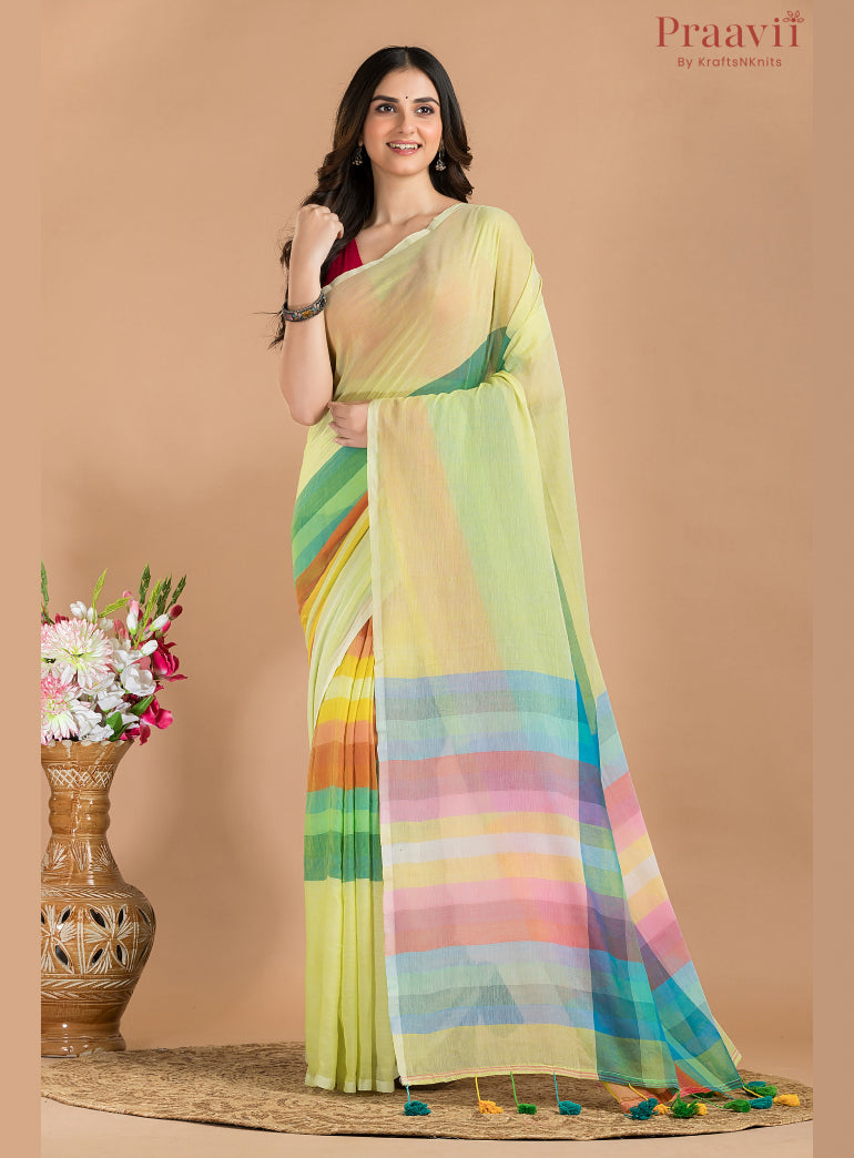 Lime Green Mulmul Cotton Saree