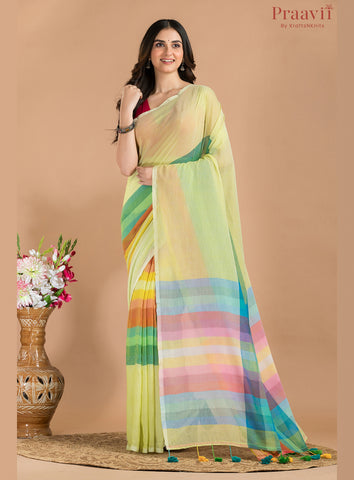 Lime Green Mulmul Cotton Saree