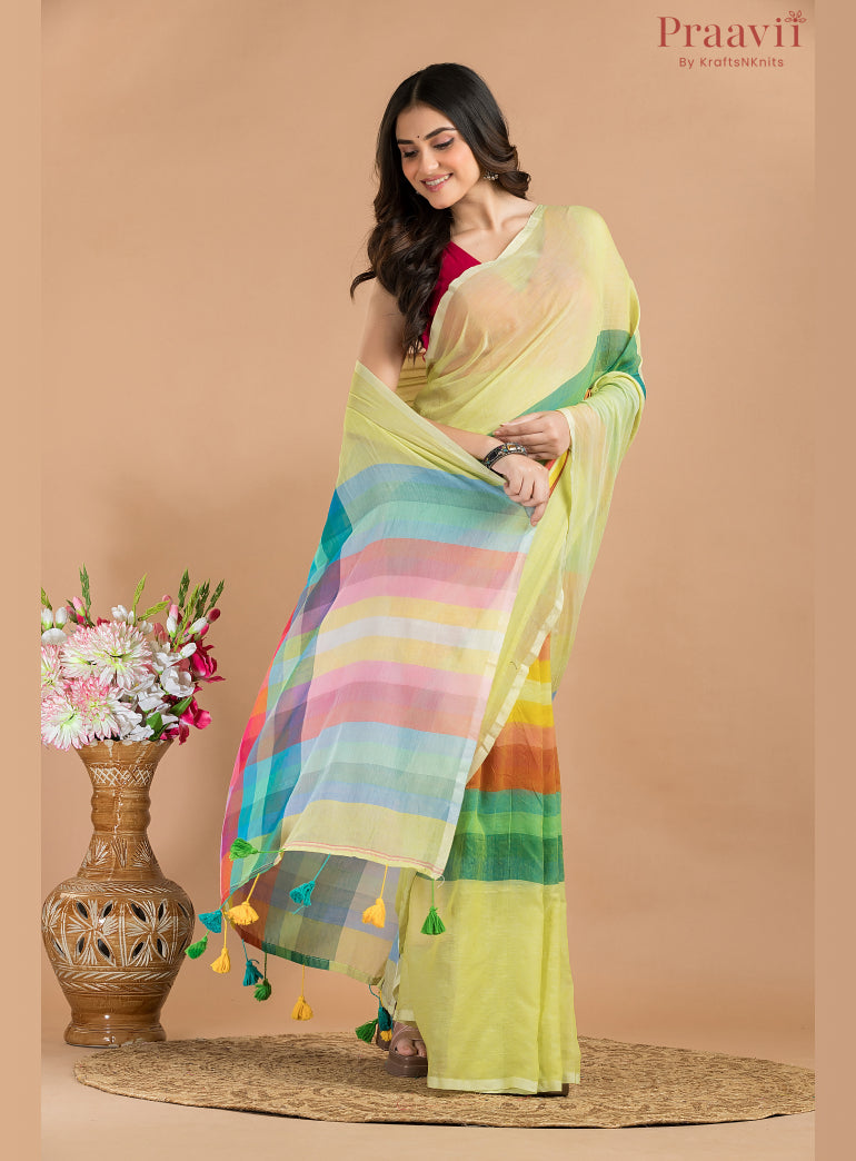 Lime Green Mulmul Cotton Saree