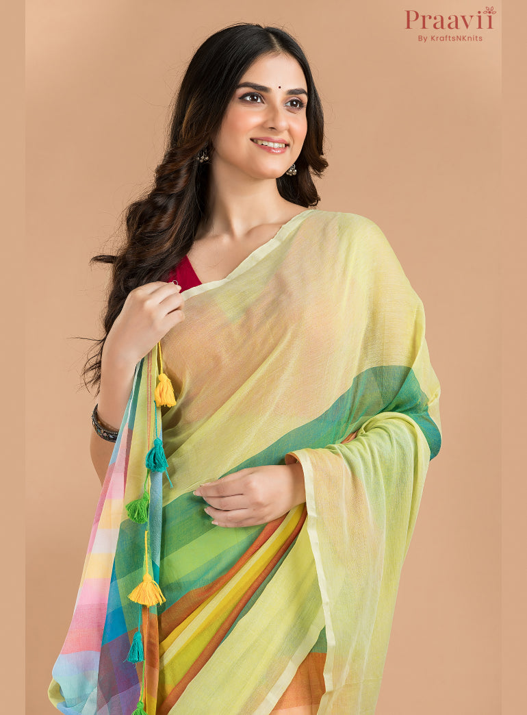 Lime Green Mulmul Cotton Saree
