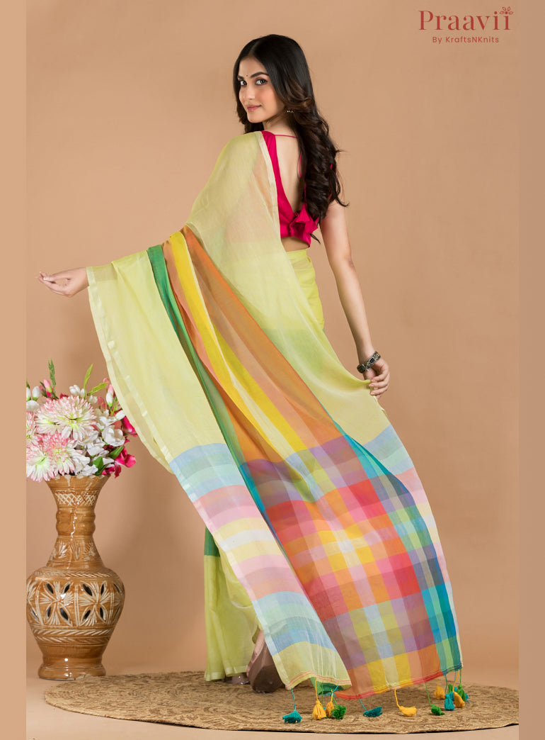 Lime Green Mulmul Cotton Saree