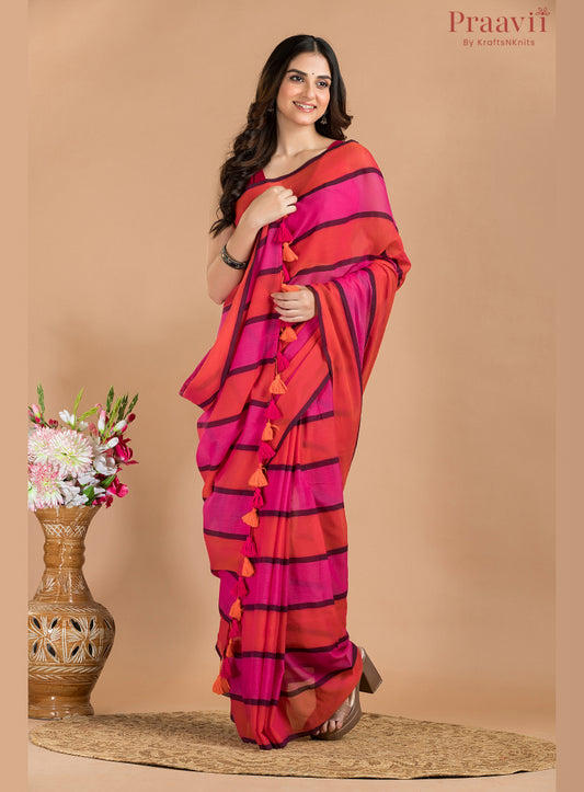Orange & Pink Mul Cotton Saree