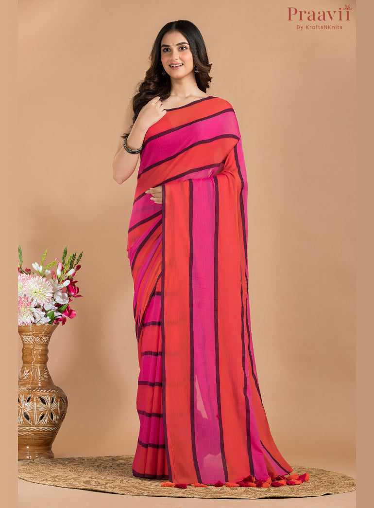 Orange & Pink Mulmul Cotton Saree