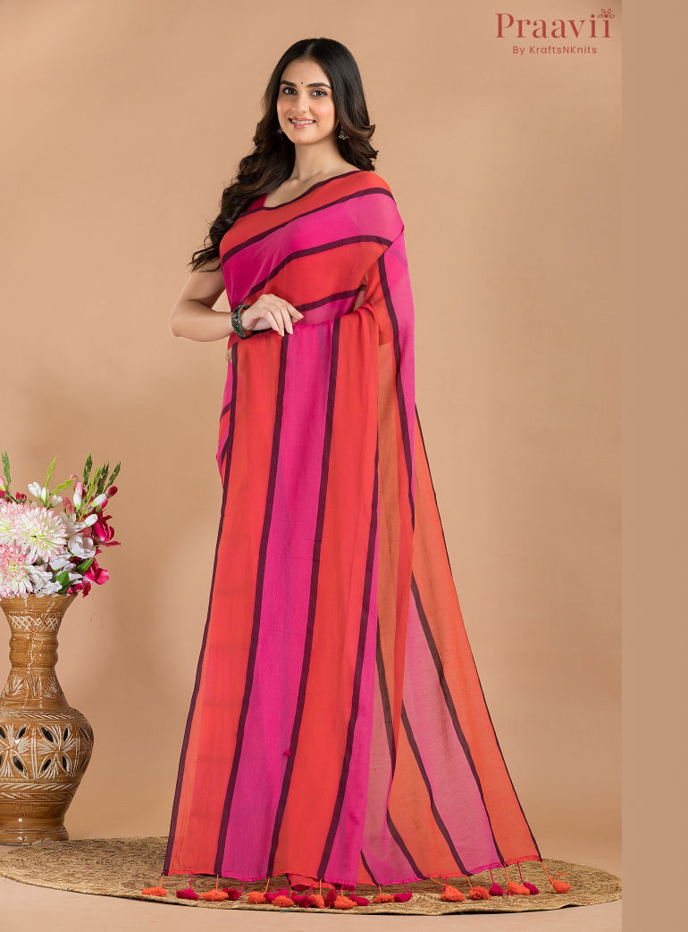 Orange & Pink Mulmul Cotton Saree