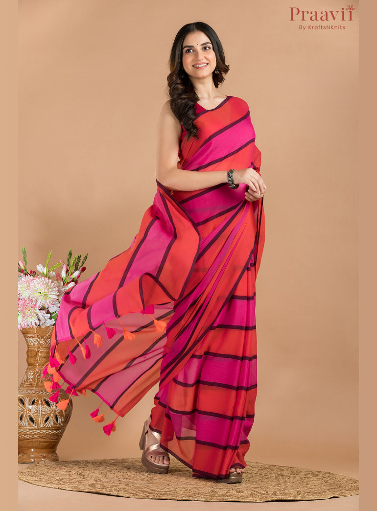 Orange & Pink Mulmul Cotton Saree
