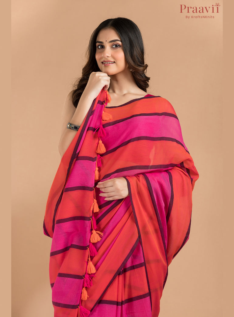 Orange & Pink Mulmul Cotton Saree