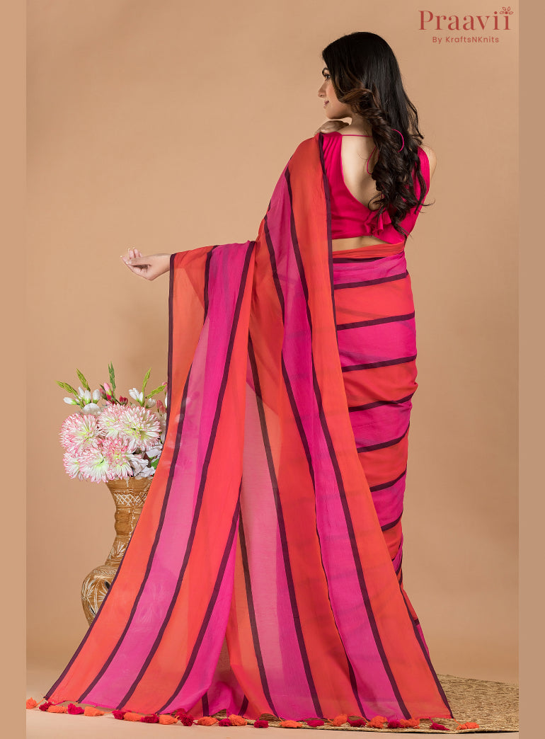 Orange & Pink Mulmul Cotton Saree