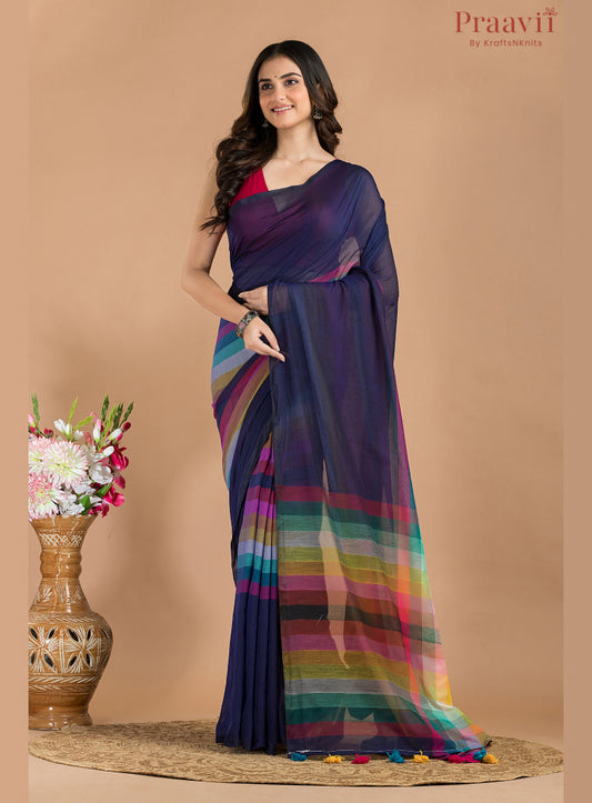 Deep Blue Rainbow Mul Cotton Saree