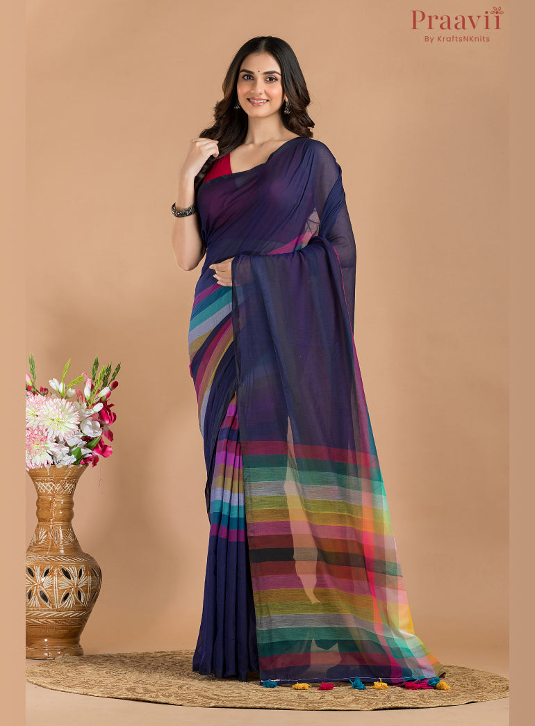 Deep Blue Rainbow Mulmul Cotton Saree