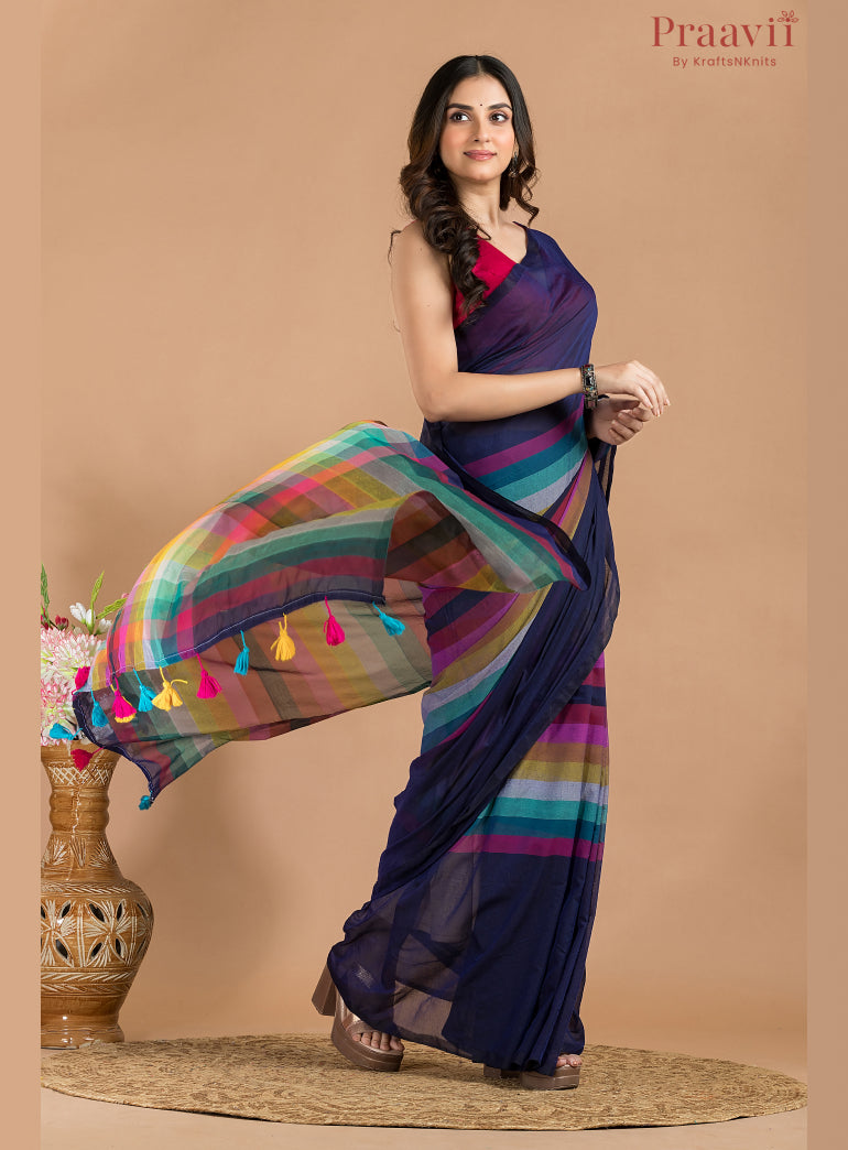 Deep Blue Rainbow Mulmul Cotton Saree