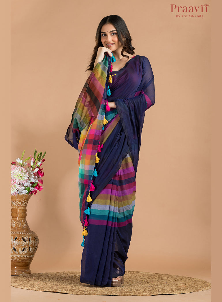 Deep Blue Rainbow Mulmul Cotton Saree