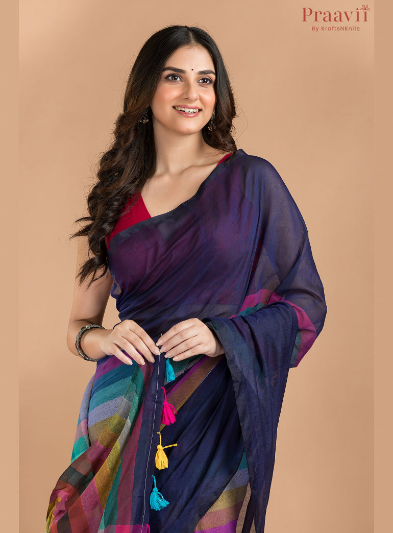 Deep Blue Rainbow Mulmul Cotton Saree